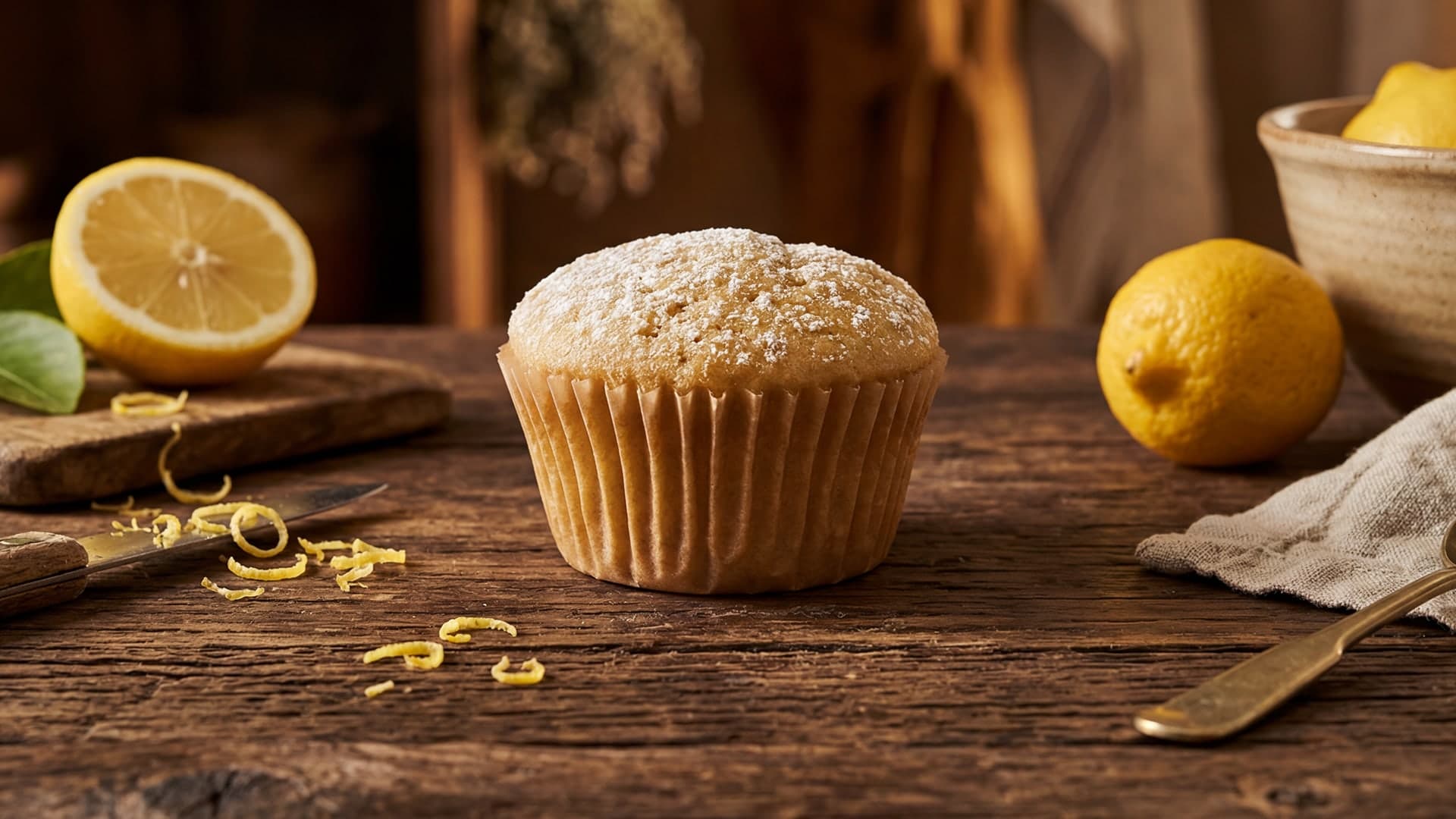 Editorial set: same muffin styled with lemons, lemon zest, knife, dried herbs and ceramic bowl on weathered wood.
