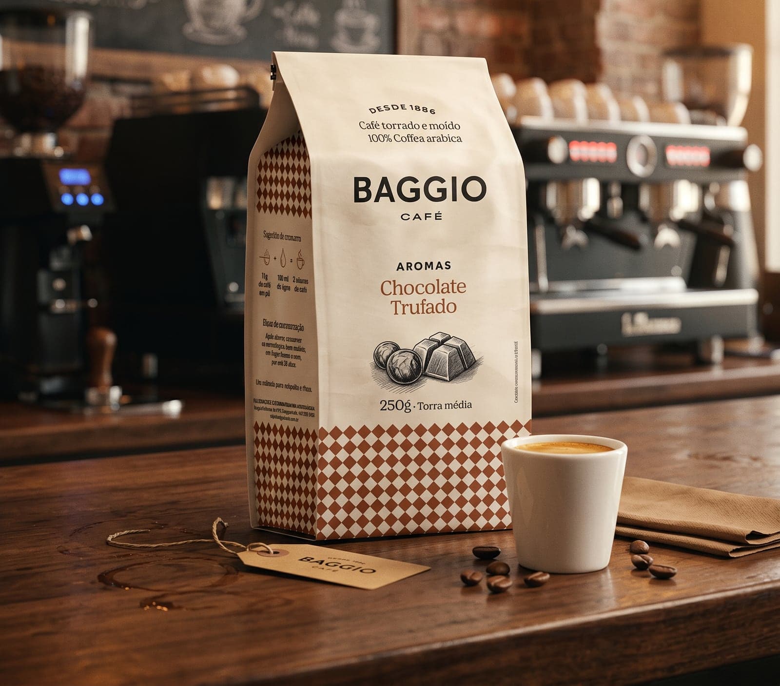 Baggio Café Aromas Chocolate Trufado bag in front of a burlap coffee sack.